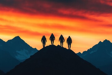 Fototapeta premium Four hikers stand silhouetted against a vibrant sunset over majestic mountains, showcasing adventure and nature's beauty.