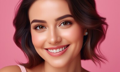 Fototapeta premium Portrait of a smiling woman with wavy hair and flawless skin on pink background