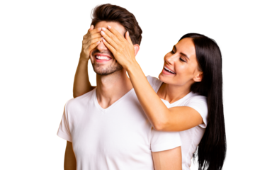 Guess who? Photo of amazing lady hiding eyes macho guy making unexpected surprise wear casual white t-shirts isolated yellow color background