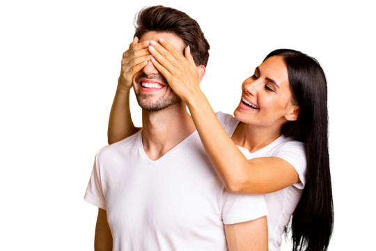 Guess who? Photo of amazing lady hiding eyes macho guy making unexpected surprise wear casual white t-shirts isolated yellow color background