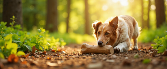 Eager dog with bone in vibrant forest, joyful companionship
