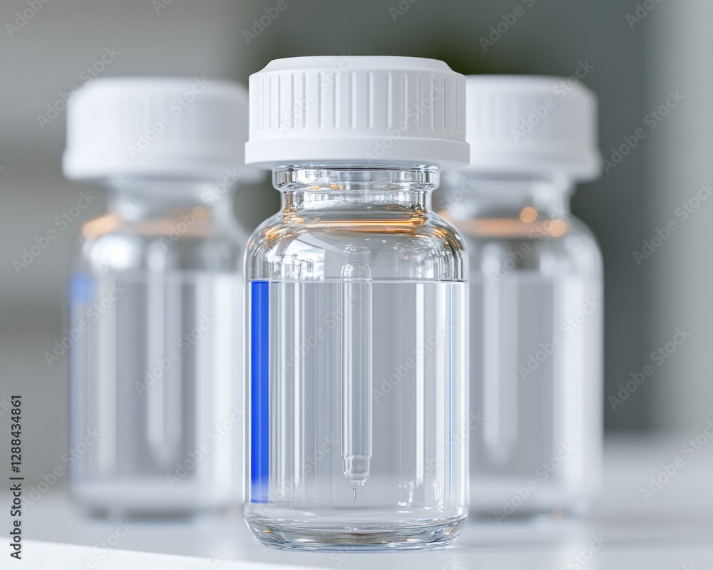 Poster transparent laboratory vials on reflective surface minimalist glass design for high-tech biochemical