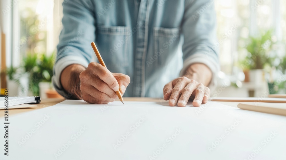 Aufkleber Minimalist Desk Setup Hands Writing on Tablet with Organized Desk Accessories Enhancing Productivity in Modern Remote Workspaces for Professional Creativity