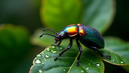 Naklejka premium beetle on leaf with dew drops, macro photography, in tropical rainforest, realistic