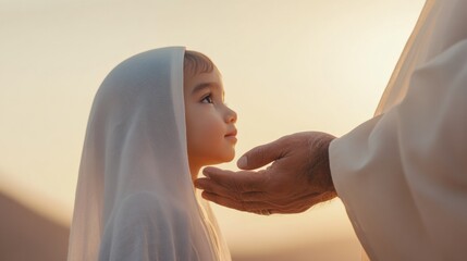 Soft-Focused Generational Bonding Child in Traditional Attire Receives Elders Blessing - Stock for Cultural Heritage and Family Connection in Spiritual Event Marketing