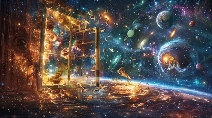 Fototapeta premium A cosmic scene through an open door.