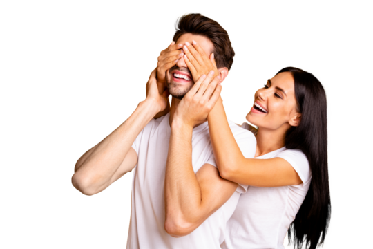 Photo of amazing lady hiding eyes macho guy making unexpected surprise wear casual white t-shirts isolated yellow color background