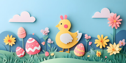 A colorful paper cutout of a yellow chicken standing in a field of flowers