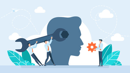 Silhouette of a human head with a wrench tool and nut. Change mindset, entrepreneur holding a wrench to modify gear cogs on a human head as a metaphor for mindset. Flat illustration