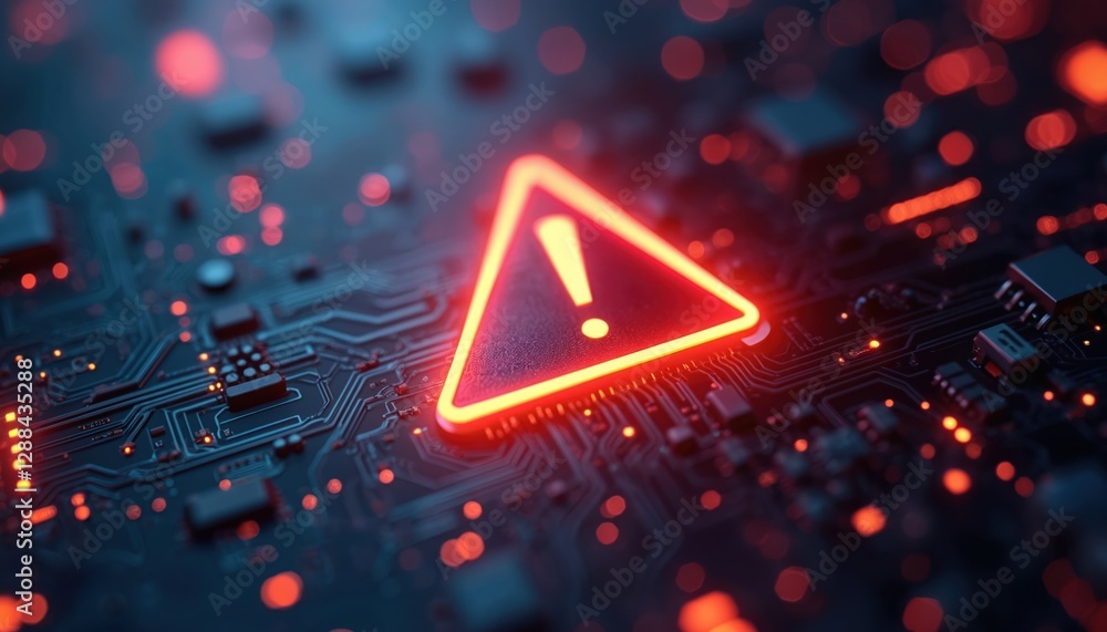 Poster cyber attack concept. exclamation point in red triangle on circuit board. digital system error warni
