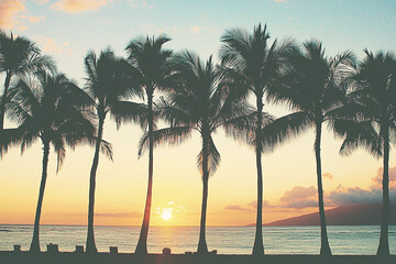 Obraz premium Silhouette of palm trees swaying gently against a vibrant sunset in a tropical coastal setting