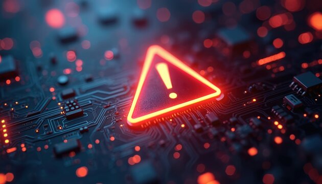 Cyber attack concept. Exclamation point in red triangle on circuit board. Digital system error warning sign, online security breach. Computer hacked, malware alert, data protection risk.
