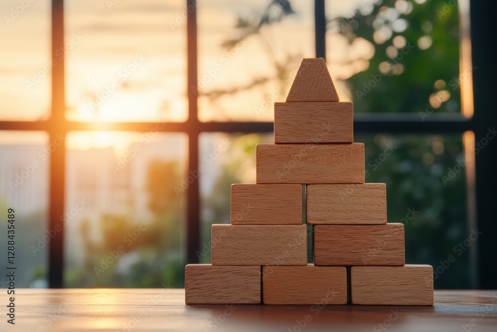 Leinwandbilder geometric wood structure pyramid of wooden blocks on desk with sunlit backdrop - business growth str