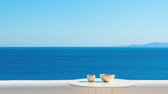 Coastal Minimalism Dining Setup Sleek White Tables and Chairs Overlooking Ocean - Hospitality Marketing and Mediterranean Lifestyle Promotion in Outdoor Spaces