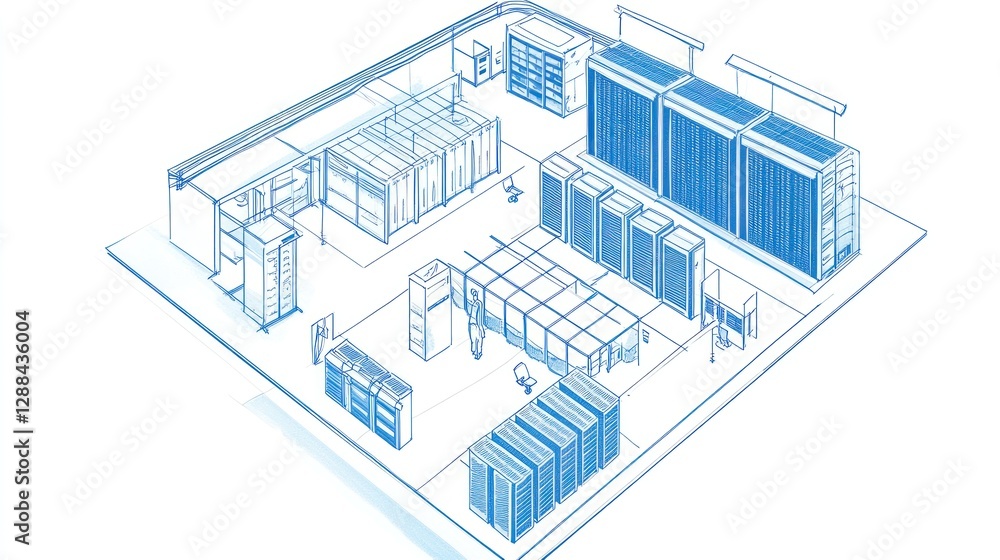 Poster blueprint of a modern data center: high-tech infrastructure and server room design