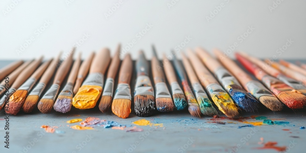 Poster rustic art studio atmosphere wooden easel and vibrant brushes on textured canvas - inspiring creativ