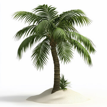 Ilustracion de una palmera de dibujos animados, sobre una peque&ntilde;a isla de arena de playa, con fondo blanco