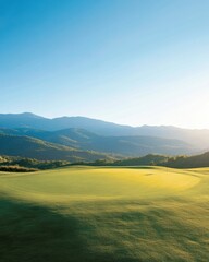 Fototapeta premium Emerald Precision Luxury Golf Course with Manicured Greens and Flag under Sunrise Sky - Sports Facility Marketing and Golf Lifestyle Content for Elite Athletics Promotion