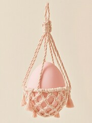 Obraz premium Soft pink egg cradled in a macramé rope basket