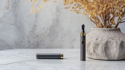 Vaping device on a light stone table with a decorative object. Featuring elegance and minimalism