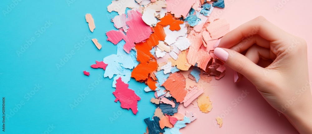 Poster Abstract Color Palette Collaboration Hand Assembling Vibrant Texture Puzzle on Smooth Canvas - Creative Strategy in Art and Design for Innovative Branding and Team Dynamics