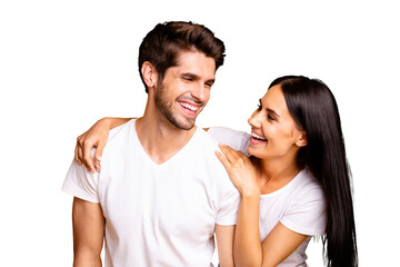 Photo of amazing couple in love having fun time laughing out loud about humorous story wear casual...
