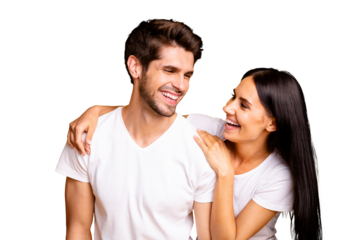 Photo of amazing couple in love having fun time laughing out loud about humorous story wear casual white t-shirts isolated yellow color background
