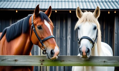 Two horses with bridles near wooden fence at rustic stable