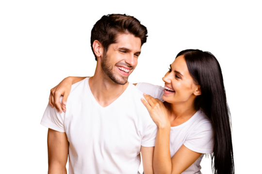 Photo of amazing couple in love having fun time laughing out loud about humorous story wear casual white t-shirts isolated yellow color background - Powered by Adobe