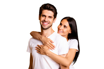 Obraz premium Photo of amazing pair in love piggyback pose missed each other happy to be finally together wear casual white t-shirts isolated yellow color background
