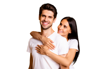 Photo of amazing pair in love piggyback pose missed each other happy to be finally together wear casual white t-shirts isolated yellow color background