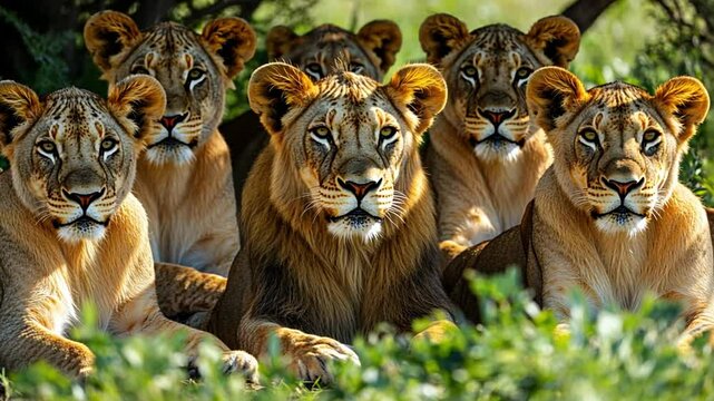 a group of lions was sitting in a meadow footage