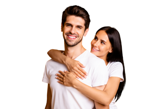 Photo of amazing pair in love piggyback pose missed each other happy to be finally together wear casual white t-shirts isolated yellow color background
