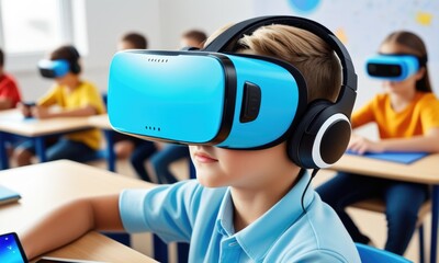 Children engaged in virtual reality learning in a classroom setting