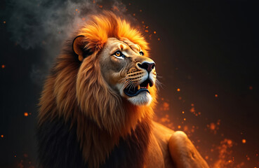 Majestic lion portrait with fiery orange mane on dark background. Digital art piece presents king of beasts looking up among flames with glowing eyes, mystic and lava elements.