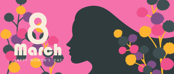 Background for March 8 with silhouette of women and flowers. Happy International Women's Day. Vector illustration.