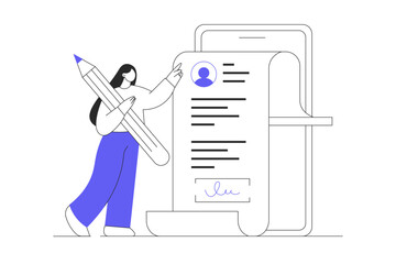 Online agreement, digital signature, partnership and cooperation. Woman fill out form, sign document via mobile application. Flat Cartoon Vector Illustration, icon. Stylish abstract Flat design web