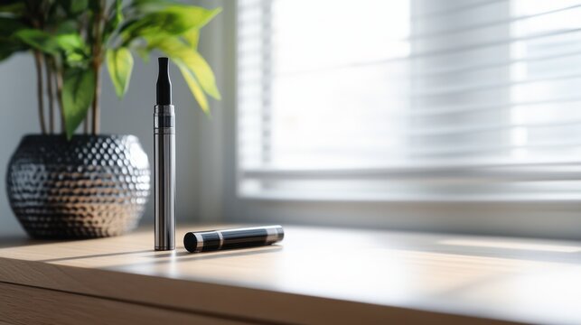 Vaping device on a light wood desk with a metal decorative object. Featuring modern aesthetics and sleek beauty