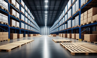 Obraz premium Modern industrial warehouse storage with pallets and high shelving