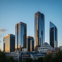Modern skyscrapers in Frankfurt Main financial district rise against clear blue sky. Golden light illuminates glass facades of buildings during late evening. Urban landscape represents business