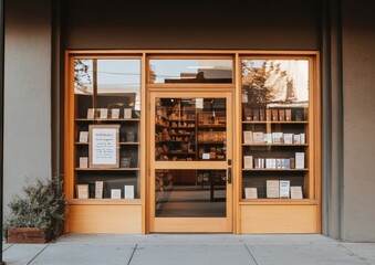 Vintage-Inspired Bookstore Entrance Symmetrical Wooden Door and Handwritten Signs - Nostalgic Design for Community Engagement and Local Business Charm