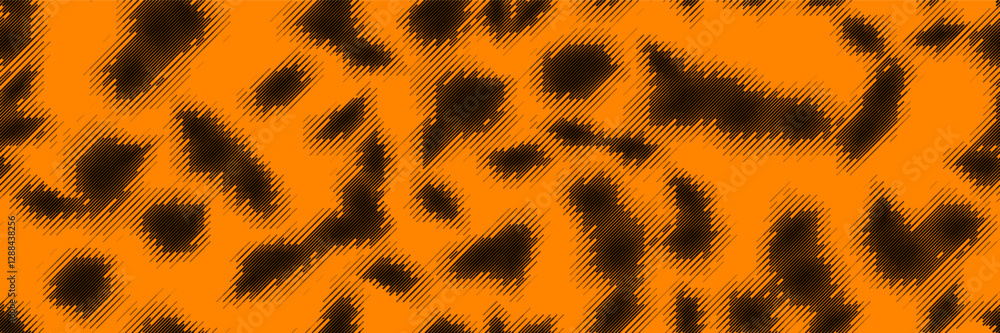 Poster abstract spots with slant halftone lines on orange bg as a seamless pattern of cheetah skin. black p