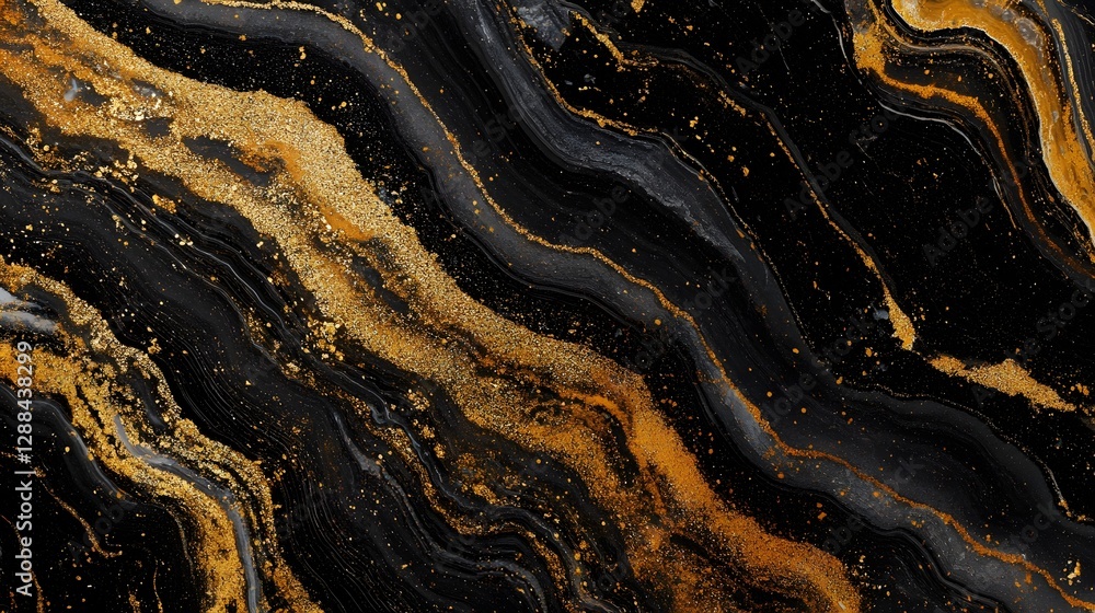 Poster Mesmerizing Golden and Black Marble Abstract Textured Background with Swirling Patterns and Glittering Details