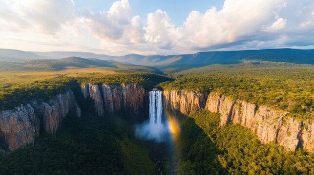 Immerse in Nature Panoramic Waterfall View with Rainbow - Rugged Cliffs and Vibrant Landscapes for Eco-Tourism and Scenic Marketing - Powered by Adobe