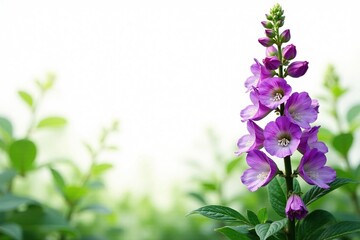 White background with lush green leaves and purple foxglove flowers, purple foxglove, floral