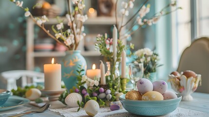 A festive table setup with Easter decorations, candles, and a centerpiece of painted eggs