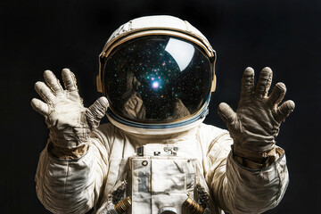 Astronaut wearing spacesuit and extending gloved hands with reflection of deep space and stars in helmet visor