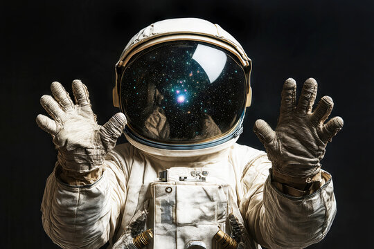 Astronaut wearing spacesuit and extending gloved hands with reflection of deep space and stars in helmet visor