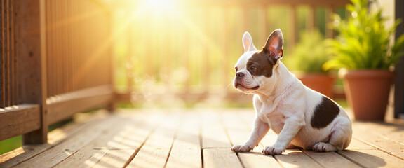 Playful French bulldog sitting on wooden deck in morning sun, pet love