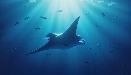 Giant manta ray gliding gracefully through deep blue ocean, marine beauty